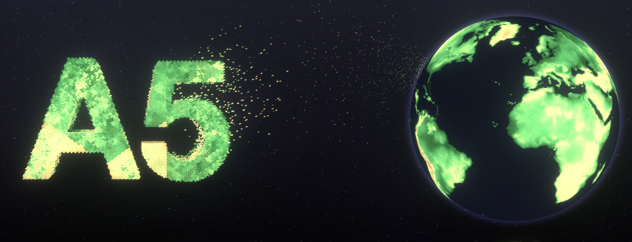 A5 logo made of pentagonal cells flying onto a globe