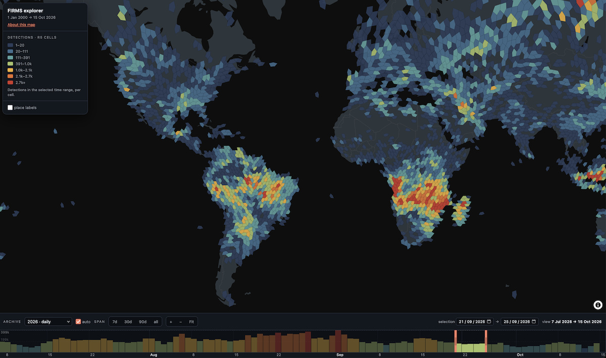 FIRMS Explorer: fire detections worldwide aggregated to A5 cells
