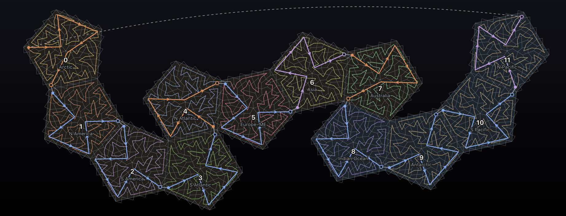 The teohedral curve touring the 12 faces of the dodecahedron